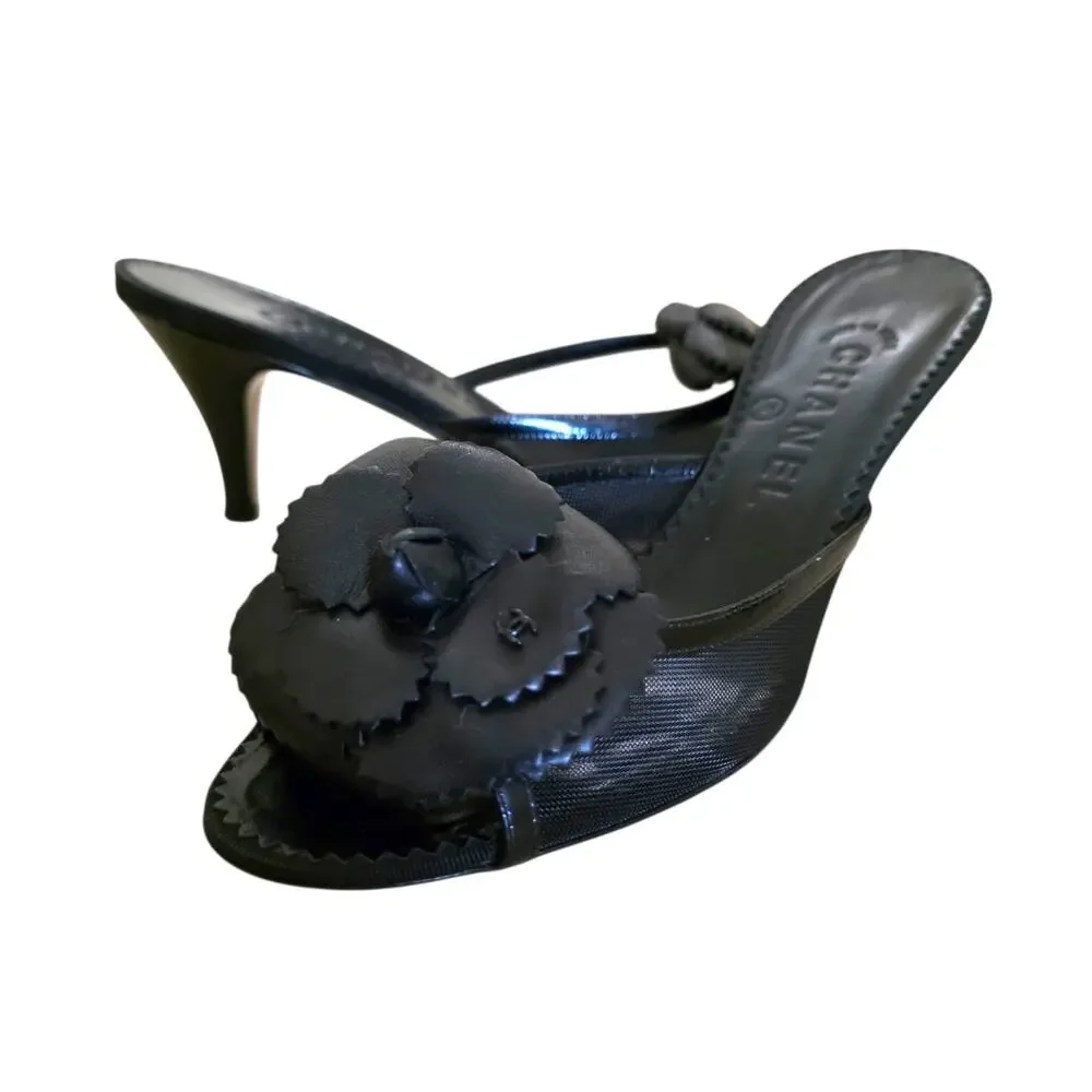 Chanel Vintage Mesh Mules Camellia Flower Logo Black Leather Heels IT 37 US 6.5